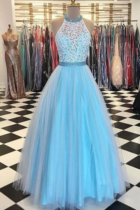 Halter Long Prom Dress With Sheer Neck