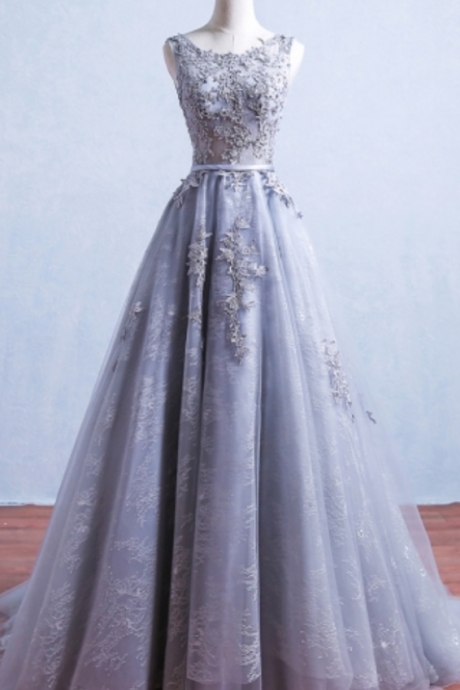 Gray Appliques Lace Prom Dresses,sashes Scoop Prom Dress,court Train Evening Dresses