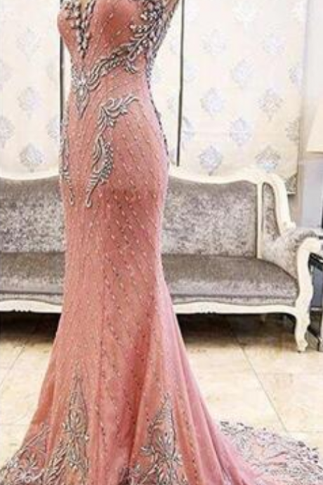  Gorgeous Beaded Crystals Mermaid Formal Evening Dresses Sheer Neck Cap Sleeves Custom Made Pink Prom Occasion Wears Pageant Party Gowns
