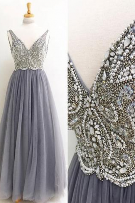 Rhinestone Beaded Light Grey Prom Dresses, Long A-line Prom Dresses, Affordable Evening Dresses