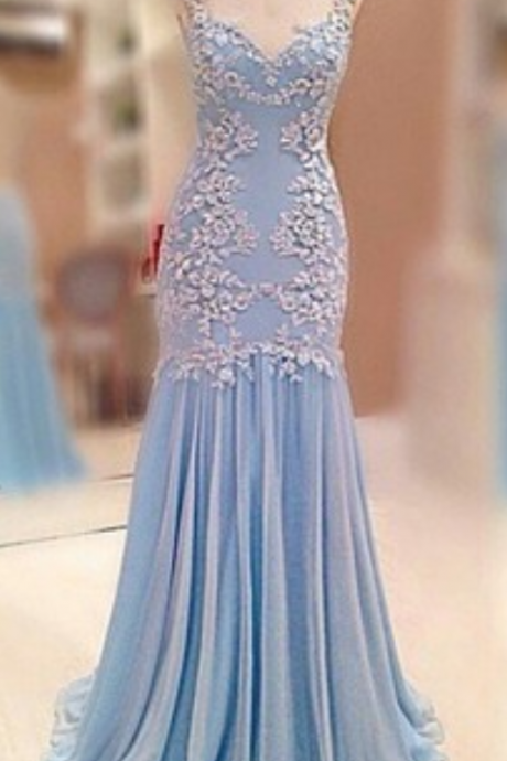 Blue Chiffon Prom Dresses, Lace Prom Dresses, See Through Prom Dresses, Long Mermaid Prom Dress
