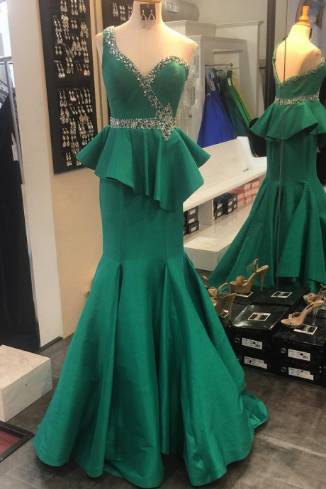 Emerald Satin Prom Dress, Mermaid One Shoulder Evening Dress, Long Ruffled Crystal Beaded Formal Dress