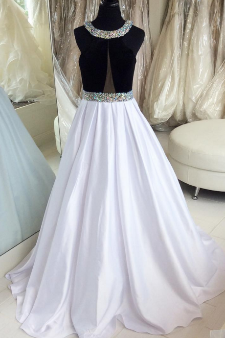 Black And White Satin Prom Dress, Beading Long Evening Dress, A-line Round Neck Party Dress
