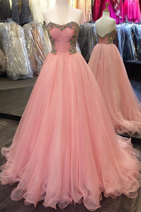 Beading Pink Prom Dress, Corset Strapless Prom Dress, Tulle Long Evening Dress