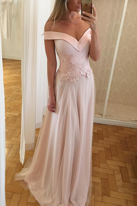  Off Shoulder Long Prom Dress, Waist Lace Appliques Prom Dress, Charming A-Line Prom Dress