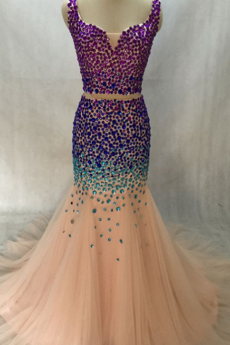 Fashion Sweetheart Sparkly Beaded Glitter Diamond Rhinestones Mermaid Crop Top 2 Two Piece Prom Dresses Dress Prom Dress