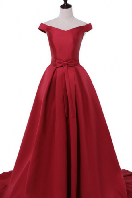 Red Off-the-shoulder Satin A-line Long Prom Dress, Evening Dress Featuring Lace-up Back And Long Train