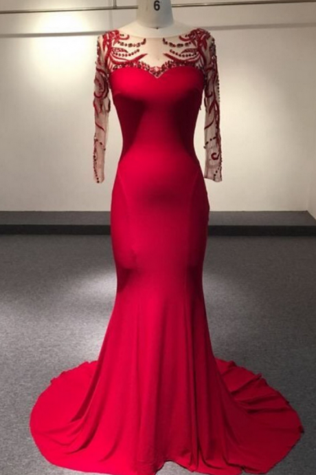 Vestido De Festa Red Fushia Real Photo Formal Evening Dress With Long Sleeve And High Collar Beadings Mermaid Prom Dress