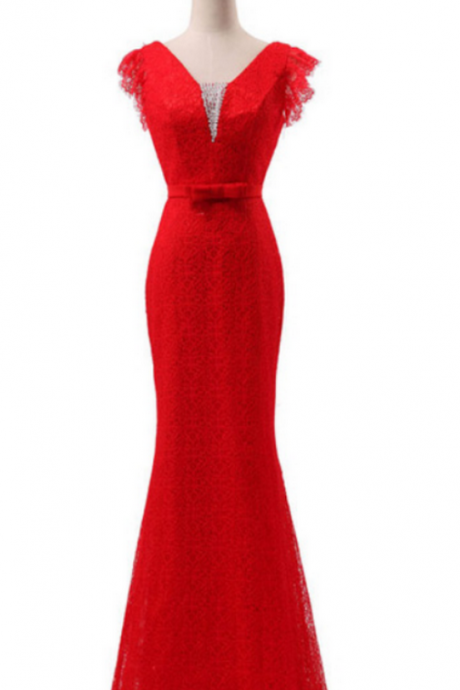 V-neck Lace Mermaid Floor-length Prom Dress, Evening Dress Featuring V-back