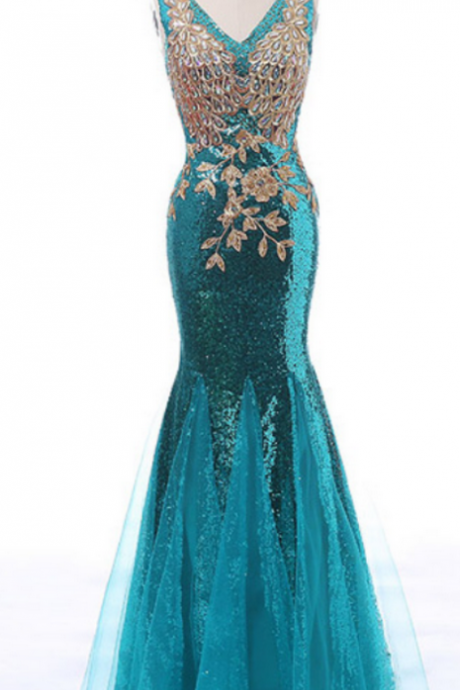 Blue Sleeveless V-neck Sequined Mermaid Floor-length Prom Dress, Evening Dress