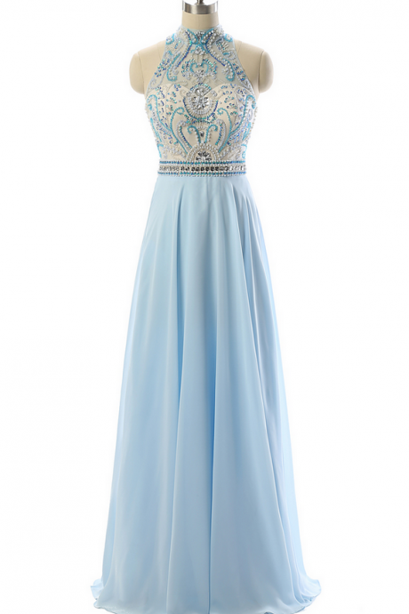 Sky Blue Beading Prom Dresses,high Neck Evening Gowns,formal Party Dresses,beaded Prom Dress
