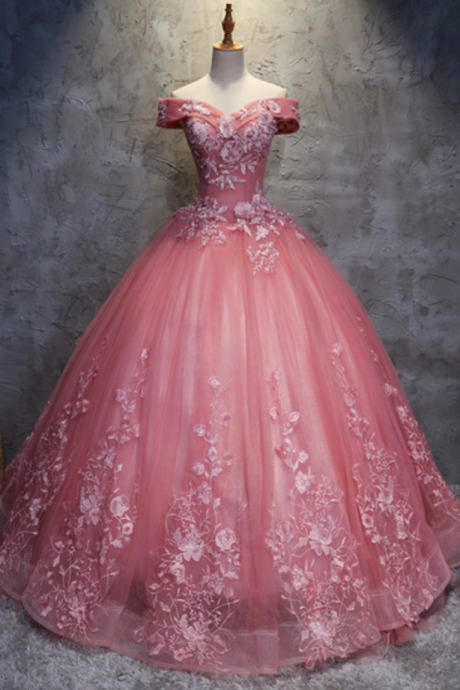 Off Shoulder Pink Tulle Long Handmade Evening Dress, Long Ball Gown