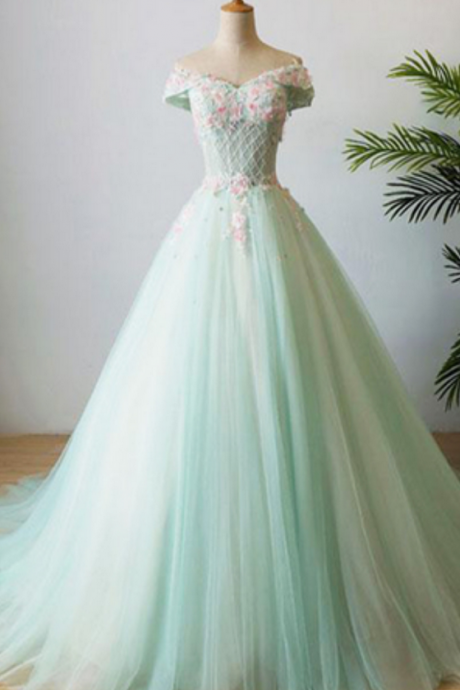 Mint Tulle Long Beaded Appliques Prom Dress With Cap Sleeves