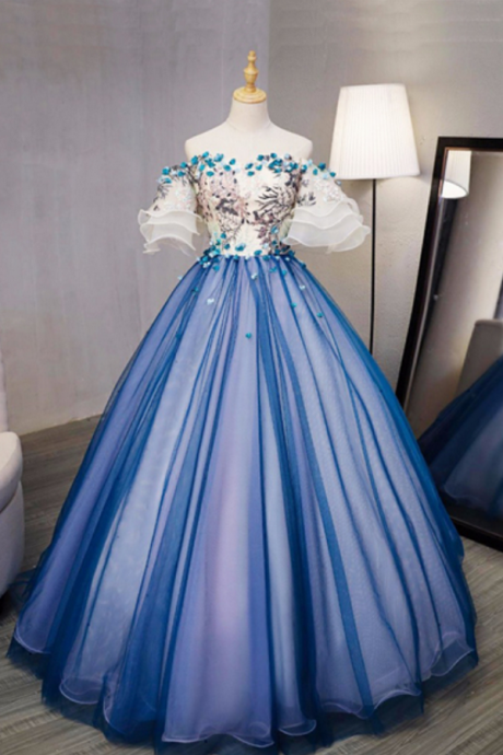 New design blue tulle swetheart long prom gown, short sleeves 3D flower long evening dress