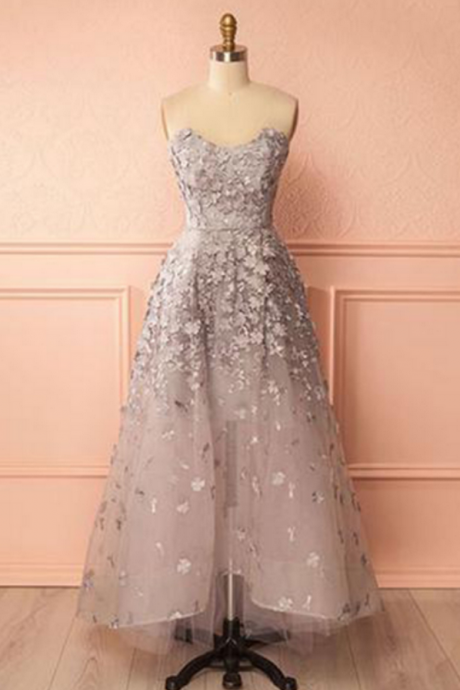 Sweetheart long 3D flower evening dress, strapless high low prom dresses