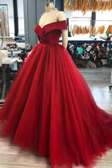 Off The Shoulder V-neck Tulle Ball Gown Prom Dresses, Long Prom Dress