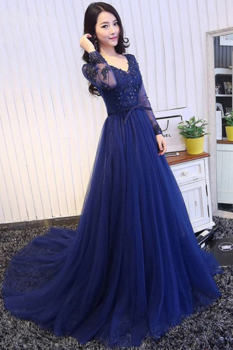 Long Sleeve Prom Dresses Blue,a-line Party Dresses V-neck Formal Dresses Lace Tulle Court Train Appliques
