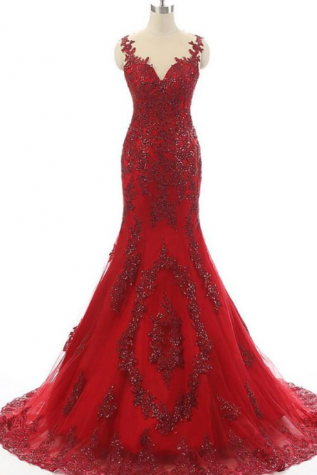 Trumpet Mermaid Scoop Neck Tulle Court Train Appliques Lace Red Prom Dress