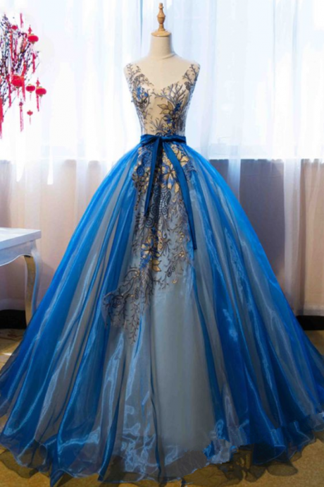 Blue Organza Applique V-neck A-line Prom Dress,ball Gown Dress For Teens