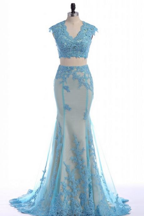 Lace Appliquéd Floor Length Two Piece Prom Dress Featuring Plunge V Cropped Bodice And Mermaid Skirt