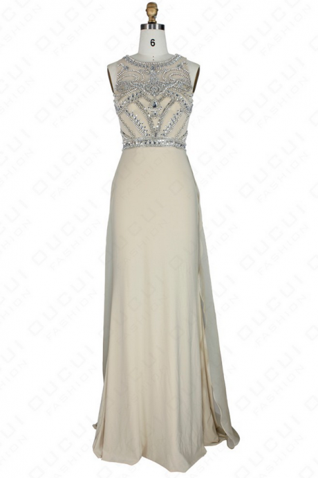 Real Photo Nude Color Tulle Jersey Chiffon See Through Back Beading Handwork Evening Dresses