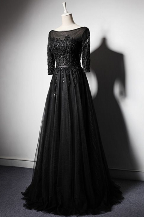 Black Long Sleeve Evening Dresses For Wedding Party Women Beaded Elegant Bridal Prom Formal Evening Gowns Dresses