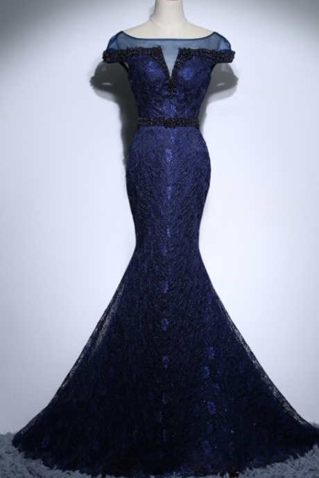 Navy Blue Long Lace Mermaid Evening Dresses Party Beaded Women Unique Prom Formal Evening Gowns Dresses Robe De Soiree