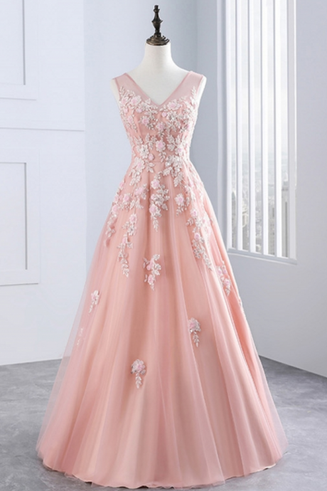Pink Long Evening Dresses Party Tulle Appliques A Line Women Beautiful Prom Formal Evening Gown Dress For Wedding