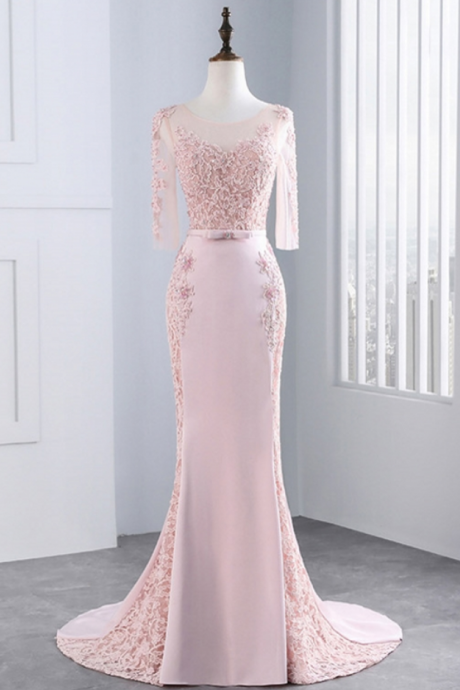 Pink Long Sleeve Lace Mermaid Evening Dresses Party Women Prom Formal Evening Gowns Dresses Wear Robe De Soiree Longue
