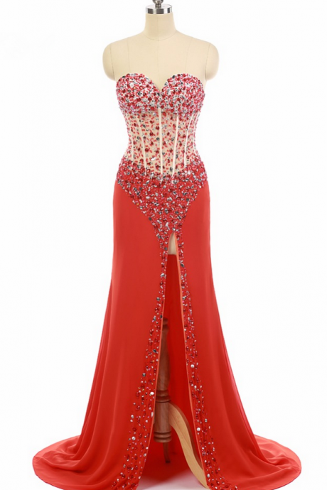 Red Chiffon Vestidos De Noche Beaded Prom Dress Sweetheart Floor Length Long Prom Dresses Vestido De Festa