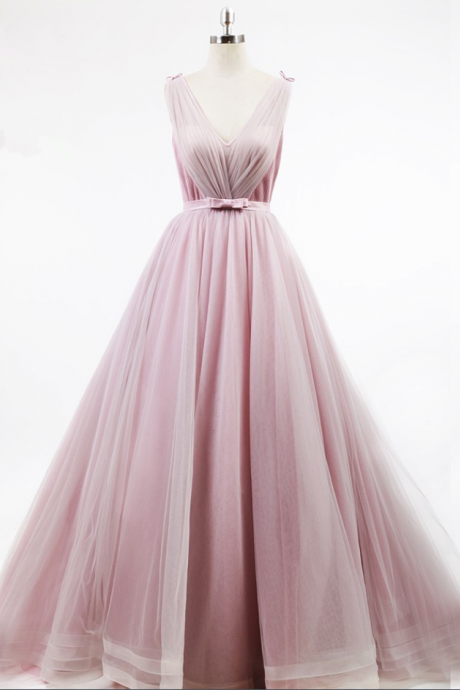 Jusere V Neck Sleeveless Backless Court Train Pleat Skirt Lovely Girl Bow Knot Belt Light Pink Simple Design Prom Dress