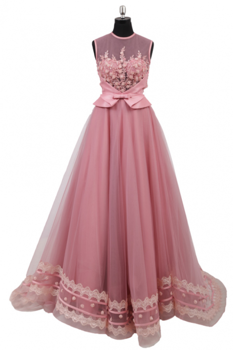 Jewel Neckline Illusion Bodice 3d Flowers Bead Open Keyhole Back A Line Tulle Lace Edge Coral Pink Evening Dress