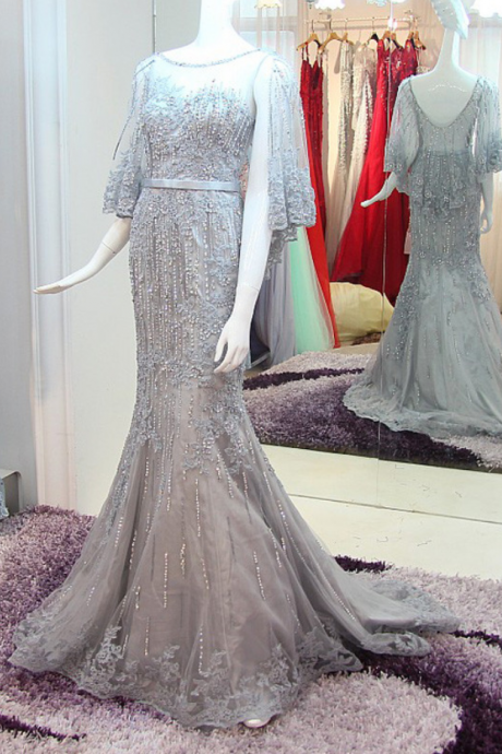 Real Photos Luxury Beaded Silver Mermaid Prom Dress With Cape Unique Design Elegant Lace Applique Long Evening Dress Formal Gown