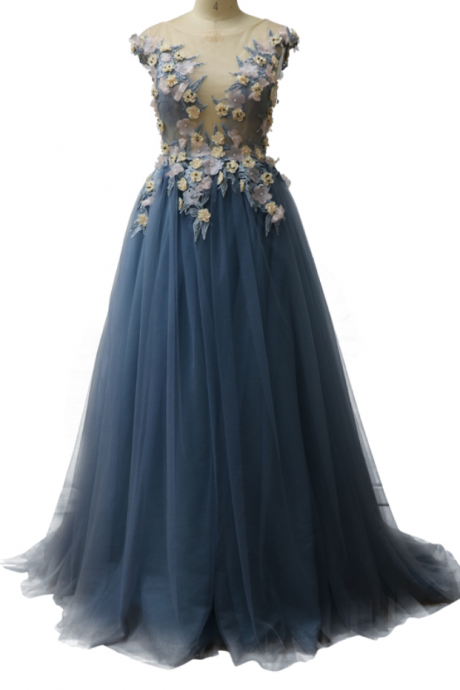 100% Real Photo Blue Long Prom Dresses Sheer Jewel Neck Cap Sleeve Elegant Arabic Evening Dress Robe De Soiree