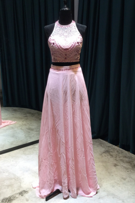 Two Pieces Prom Dresses 2018 Halter Sleeveless Backless Sweep Train Chiffon And Crystals Beading A-line Party Evening Dress