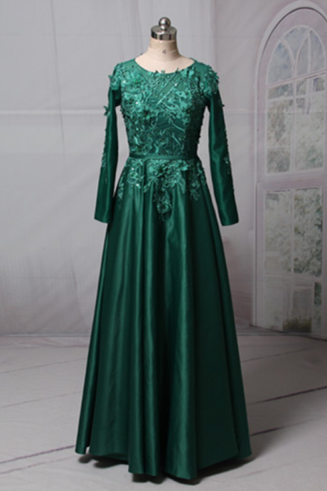 Real Photos Prom Dresses Scoop Long Sleeve Zipper Floor Length Satin and Lace Applique With Stones Long Evening Gowns