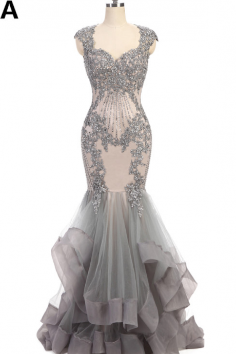 High Quality Sweetheart Mermaid Evening Dress Beads Mermaid Dress Long Elegant Prom Dresses Robe De Soiree Gray Tulle Prom Dress