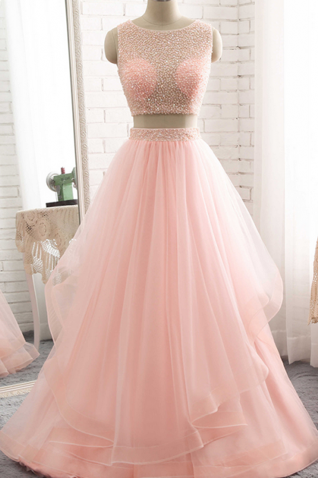 Custom Made Beading Top Bodice 2 Piece Long Prom Dresses Vestido De Festa Pink Formal Gowns