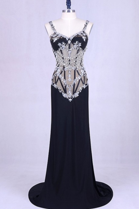 Lorie Spaghetti Strap Evening Dress Mermaid Long See Through Black Beaded With Rhinestones Chiffon Backless Real Prom Dress
