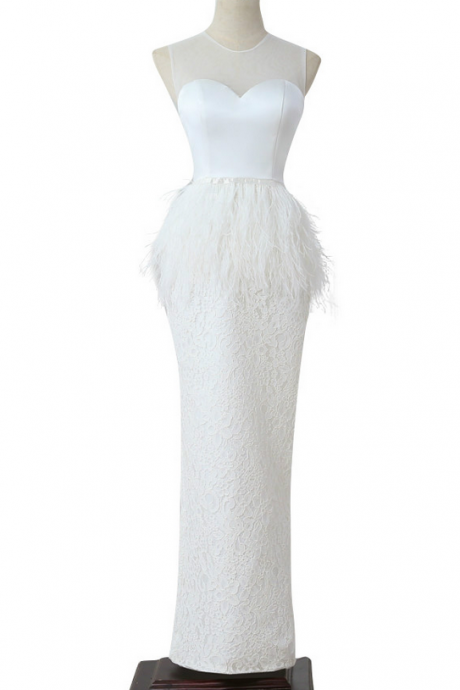Long White Lace Mermaid Evening Dress 2018 Kaftan Dubai Lace Up Formal Evening Prom Dress With Feather Vestido Formatura Longo