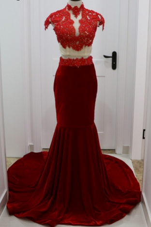 Red Velvet Two 2 Pieces Mermaid Prom Dresses Sheer High Neck Lace Appliqued Beaded Cap Sleeve Long Evening Party Dress