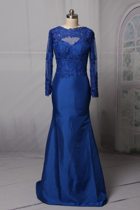 Royal Blue Prom Dresses O-neck Long Sleeve Backless Sweep Train Satin With Lace And Applique Mermaid Party Evening Dresses