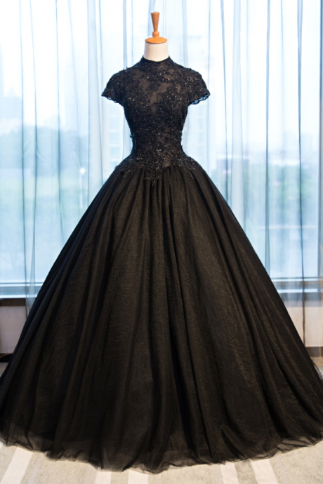 Black Prom Dresses High-neck Sheer Top Shinny Lace Beading Party Gowns Custom Tulle Vintage Special Occassion Ball Gown