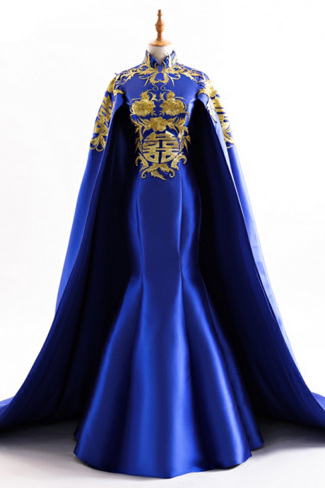 Royal Blue Long Mermaid Evening Prom Dresses High Neck Gold Lace Embroidery Satin Formal Evening Gown