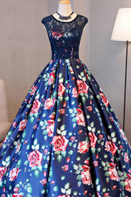  Luxury Prom Dresses, Printing Flowers Prom Gown,Cap Sleeve Prom Dress, Ball Gown Prom Dress, Custom Pageant Lace Dress