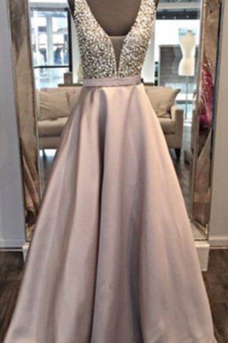Style Prom Dress V Neck Prom Dresses, Double Straps Prom Dresses, Beading Top Prom Gown