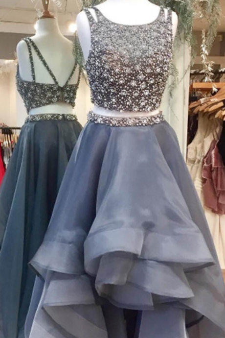 Two Piece Prom Dress, Grey Gowns, Organza Prom Dress, Beading Bodice Prom Dress