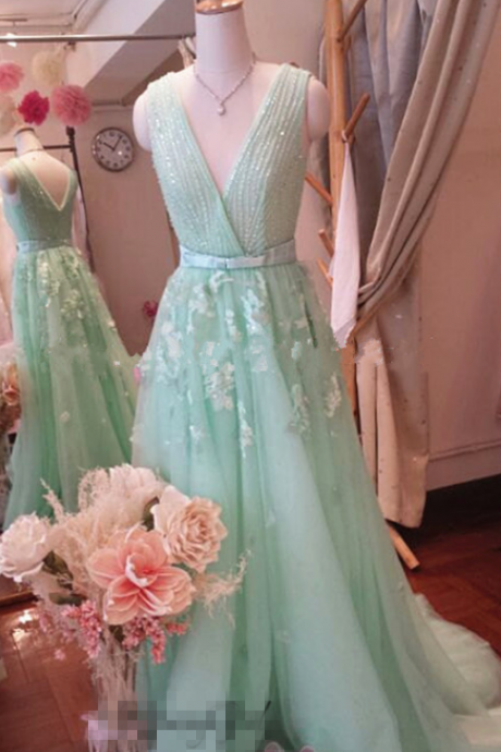 Prom Dress,mint Green Prom Dress,zuhair Prom Dress,crystal Prom Dress,beading Prom Dress,eternal Prom Dress,a-line Long Appliques Prom Dress,