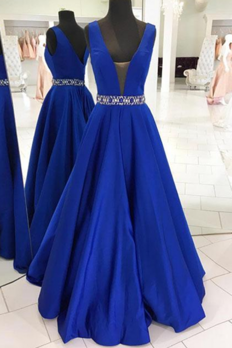 Dark Blue V Neck Long Prom Dress Blue Beading Evening Dress
