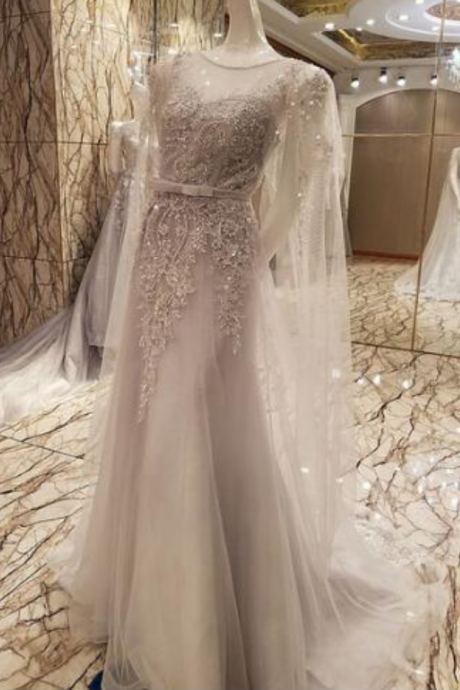Sweet Gray Lace Beading Long Evening Dress Bridal Sleeveless Transparent Banquet Sexy Prom Dress